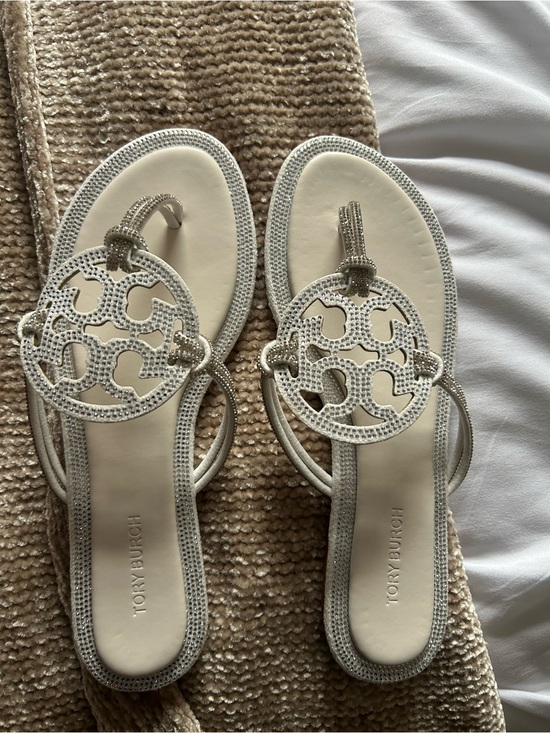 Tory Burch Shoes - Tory Burch Silver Embellished Logo Thong Sandals